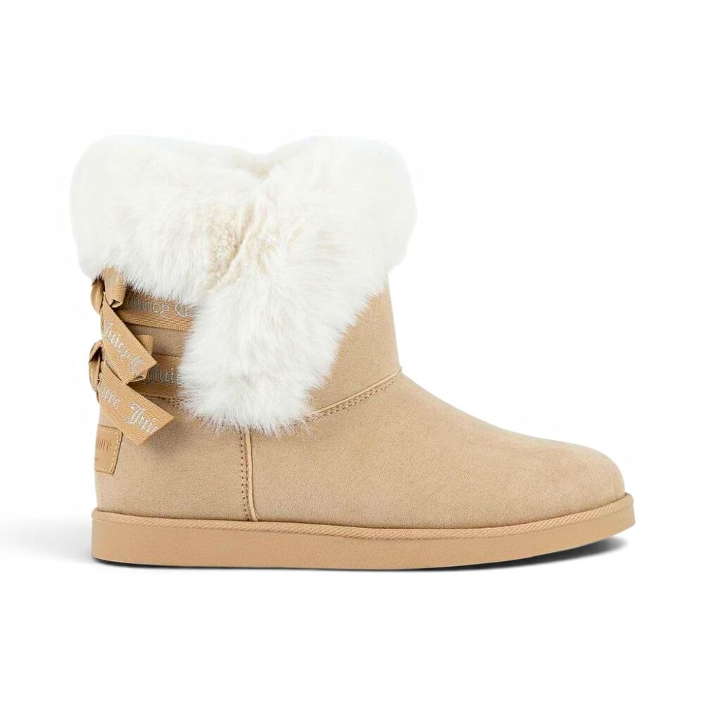 Juicy Couture Women’s Beige JC-King 2 Faux Suede Ankle Bootie Faux Fur Bow 6